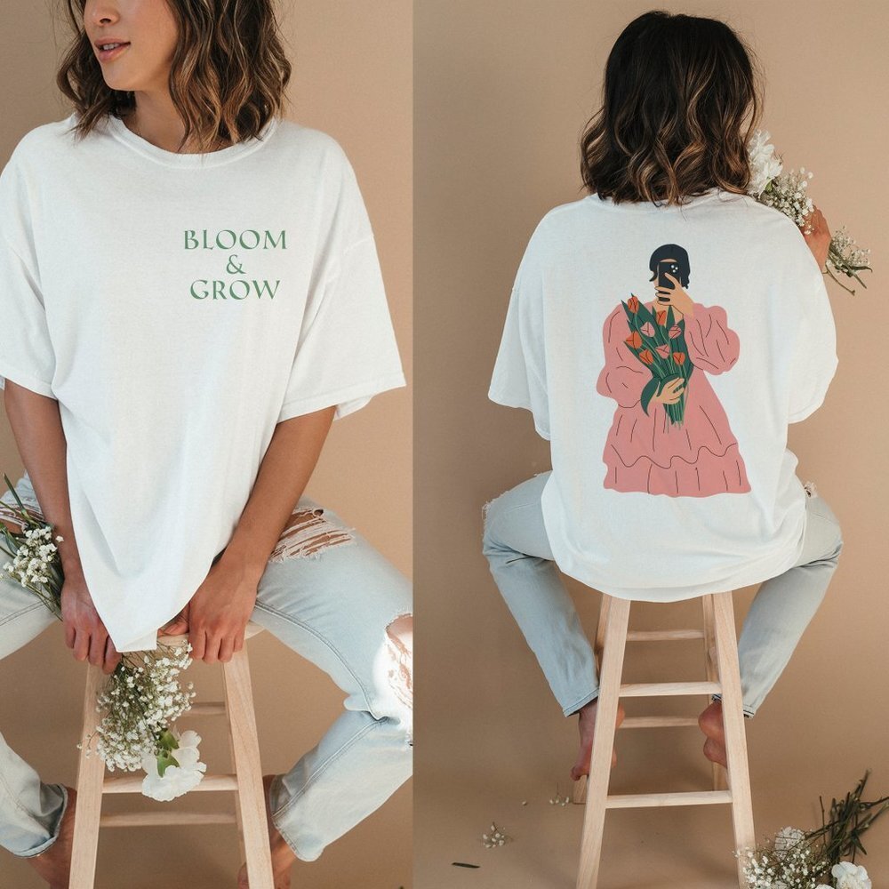 Green Bloom and Grow Floral White T Shirt